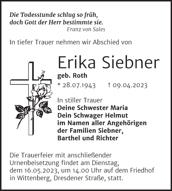 Traueranzeige von Erika Siebner von Trauerkombi Wittenberg
