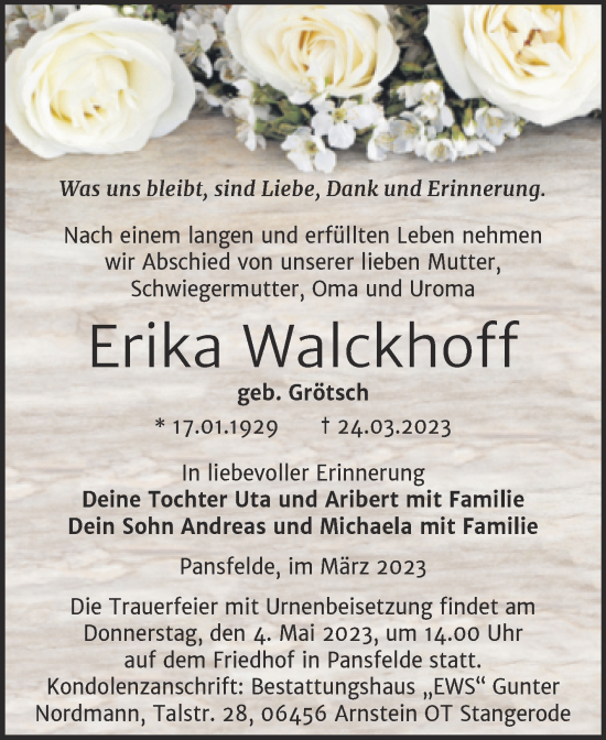 Traueranzeige von Erika Walckhoff von Trauerkombi Quedlinburg