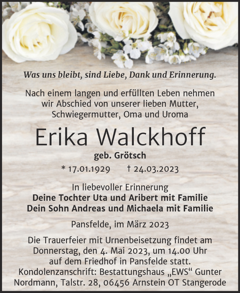  Traueranzeige für Erika Walckhoff vom 01.04.2023 aus Trauerkombi Quedlinburg