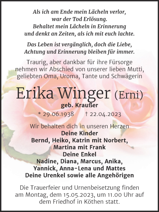 Traueranzeige von Erika Winger von Trauerkombi Köthen