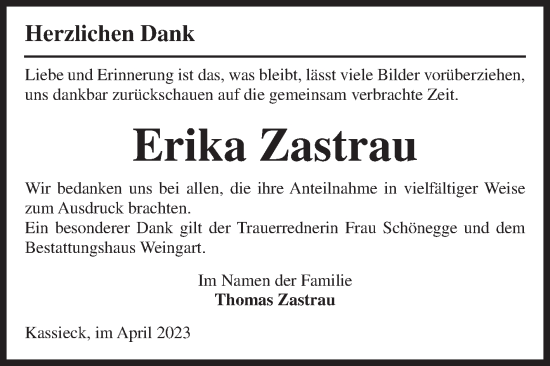 Traueranzeige von Erika Zastrau von Volksstimme Altmark West