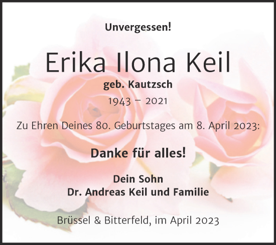Traueranzeige von Erika Ilona Keil von Trauerkombi Bitterfeld