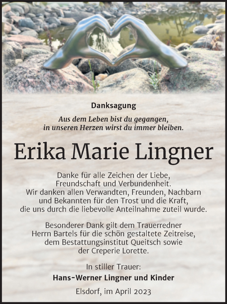  Traueranzeige für Erika Marie Lingner vom 15.04.2023 aus Trauerkombi Köthen