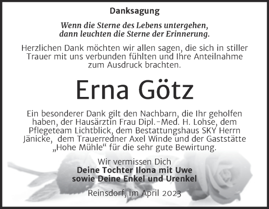 Traueranzeige von Erna Götz von Trauerkombi Wittenberg