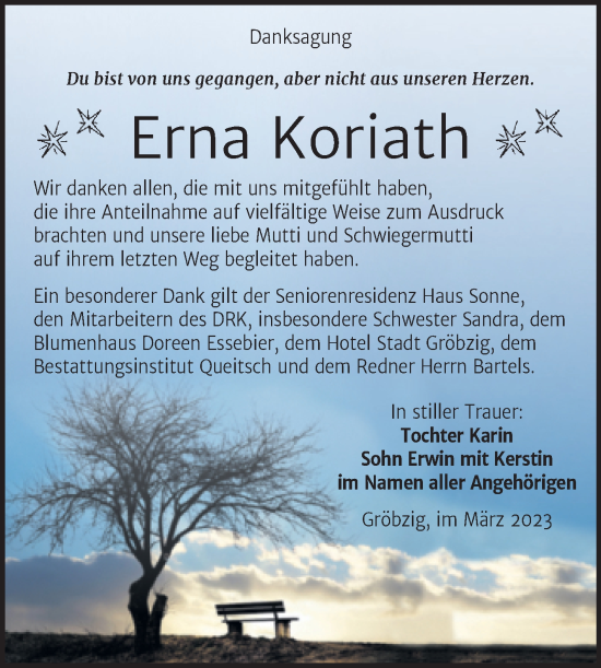 Traueranzeige von Erna Koriath von Trauerkombi Köthen