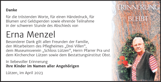 Traueranzeige von Erna Menzel von Trauerkombi Weißenfels