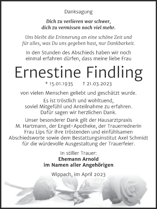 Traueranzeige von Ernestine Findling von Wochenspiegel Naumburg/Nebra