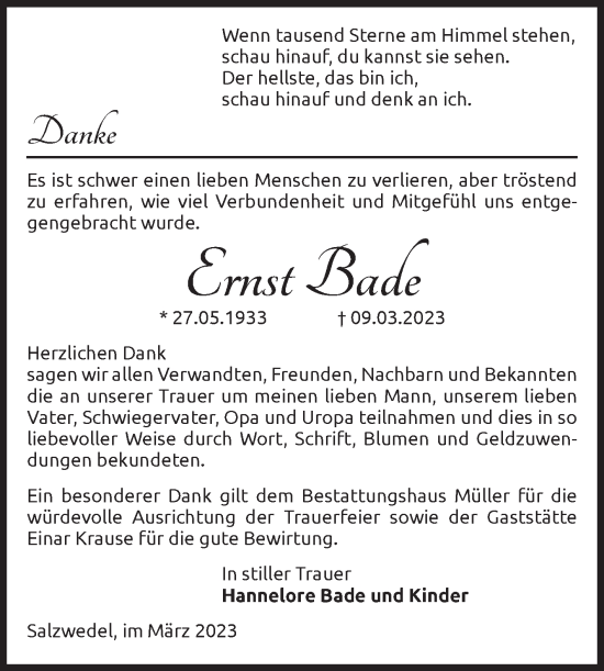 Traueranzeige von Ernst Bade von Volksstimme Altmark West