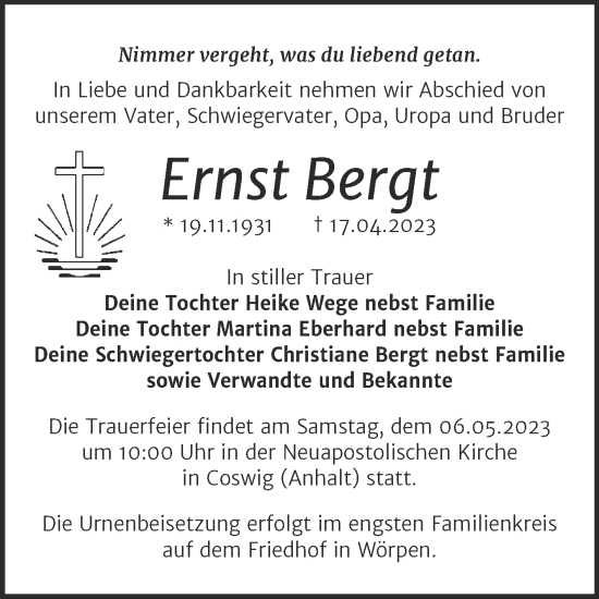 Traueranzeige von Ernst Bergt von Trauerkombi Wittenberg