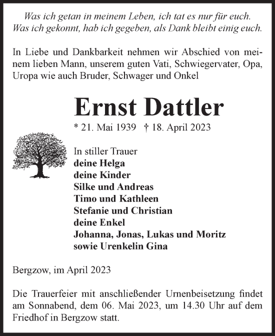 Traueranzeige von Ernst Dattler von Volksstimme Burg/Genthin