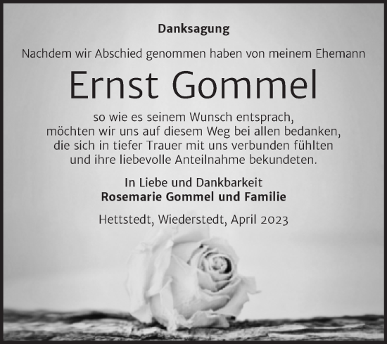 Traueranzeige von Ernst Gommel von Mitteldeutsche Zeitung Mansfelder Land