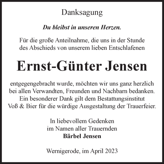 Traueranzeige von Ernst-Günter Jensen von Volksstimme Wernigerode
