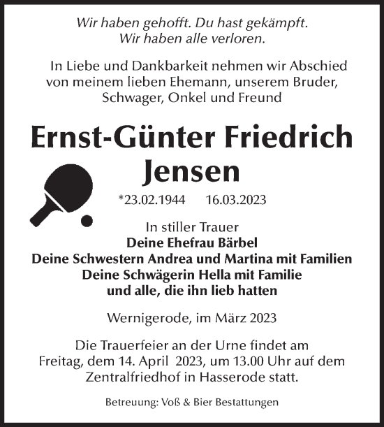 Traueranzeige von Ernst-Günter Friedrich Jensen von Volksstimme Wernigerode