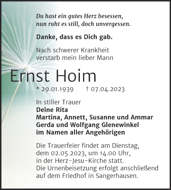 Traueranzeige von Ernst Hoim von Trauerkombi Sangerhausen