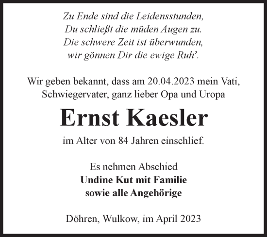 Traueranzeige von Ernst Kaesler von Volksstimme Haldensleben/Wolmirstedt