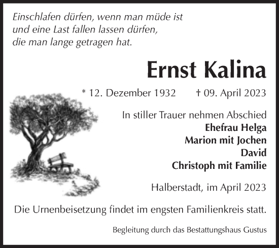 Traueranzeige von Ernst Kalina von Volksstimme Halberstadt