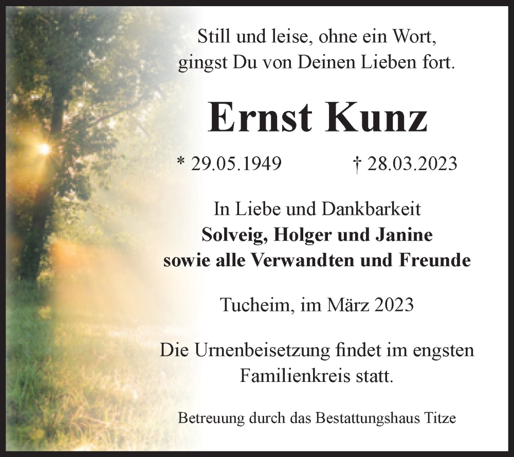  Traueranzeige für Ernst Kunz vom 01.04.2023 aus Volksstimme Burg/Genthin