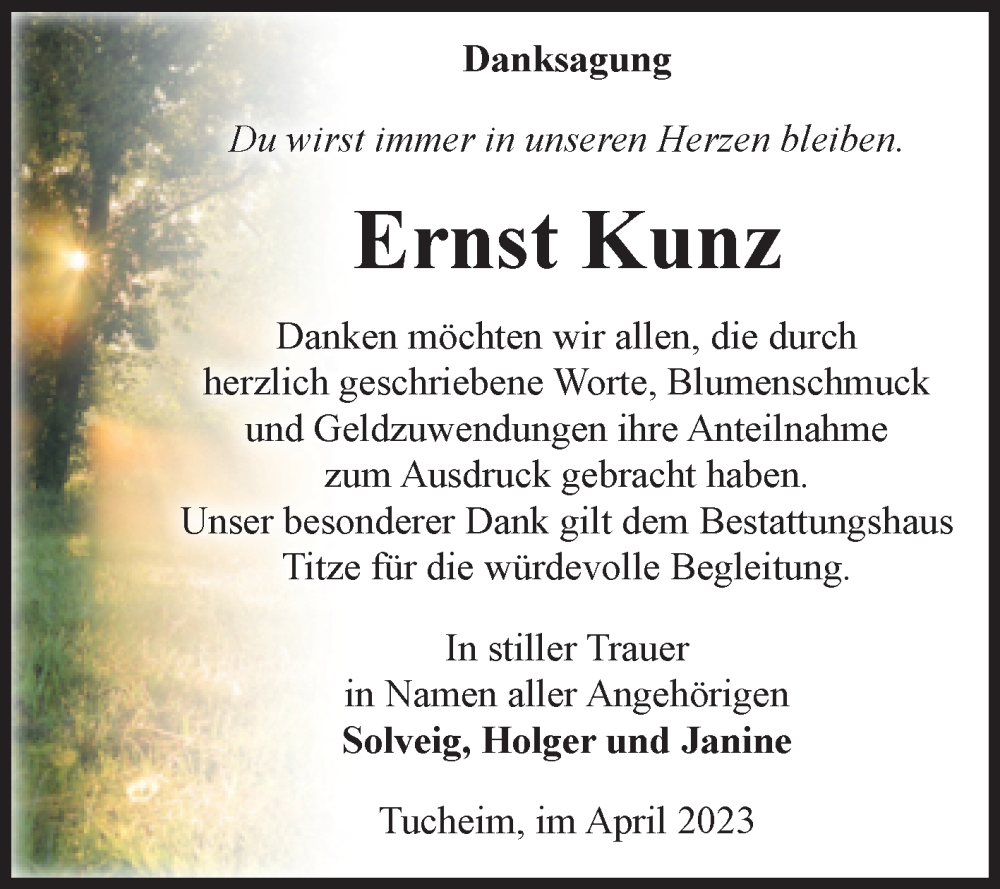  Traueranzeige für Ernst Kunz vom 15.04.2023 aus Volksstimme Burg/Genthin