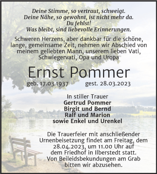 Traueranzeige von Ernst Pommer von Trauerkombi Bernburg