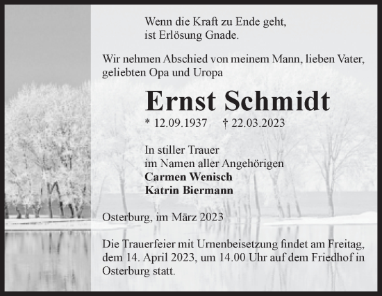 Traueranzeige von Ernst Schmidt von Volksstimme Altmark Ost