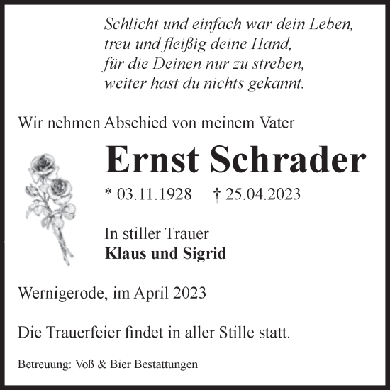 Traueranzeige von Ernst Schrader von Volksstimme Wernigerode