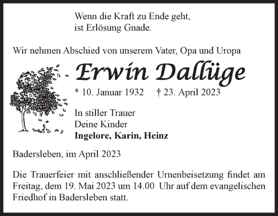 Traueranzeige von Erwin Dallüge von Volksstimme Halberstadt