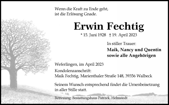 Traueranzeige von Erwin Fechtig von Volksstimme Haldensleben/Wolmirstedt