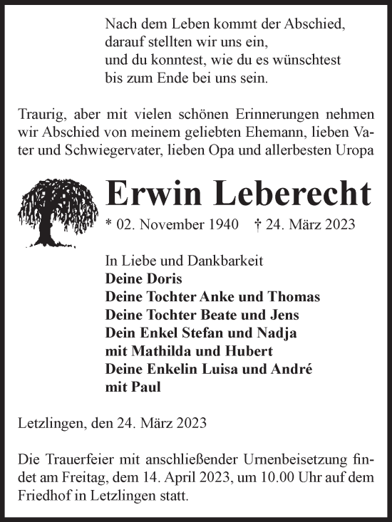 Traueranzeige von Erwin Leberecht von Volksstimme Altmark West