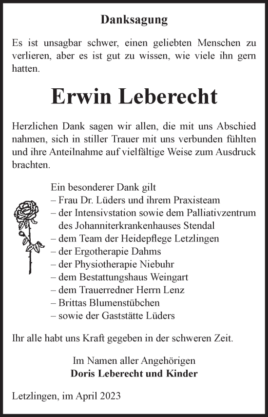 Traueranzeige von Erwin Leberecht von Volksstimme Altmark West