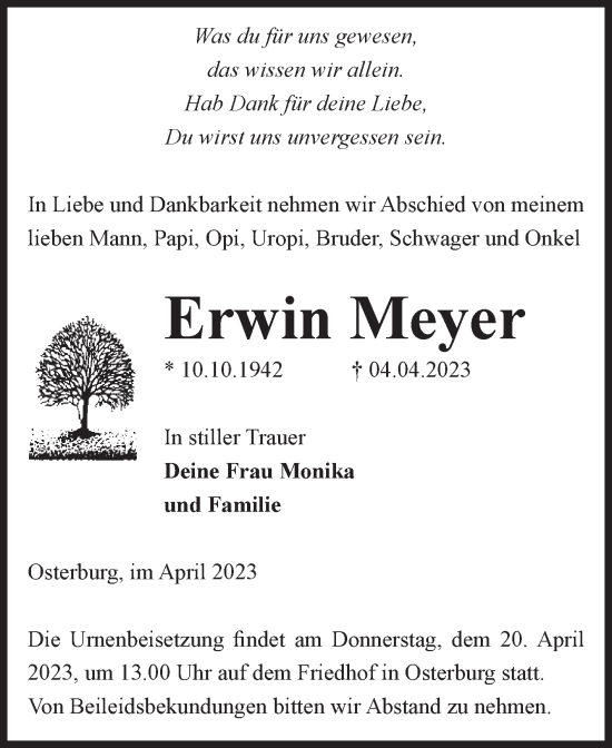 Traueranzeige von Erwin Meyer von Volksstimme Altmark Ost