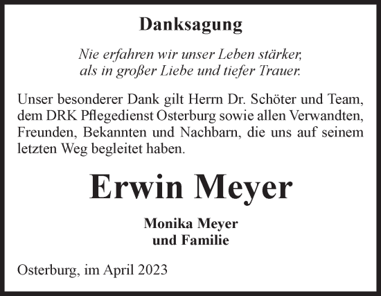 Traueranzeige von Erwin Meyer von Volksstimme Altmark Ost