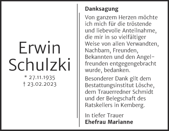 Traueranzeige von Erwin Schulzki von Trauerkombi Wittenberg