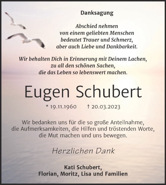 Traueranzeige von Eugen Schubert von Mitteldeutsche Zeitung Halle/Saalkreis
