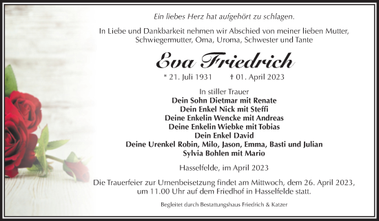 Traueranzeige von Eva Friedrich von Volksstimme Wernigerode