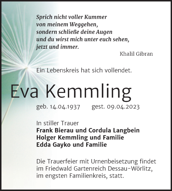 Traueranzeige von Eva Kemmling von Trauerkombi Bitterfeld