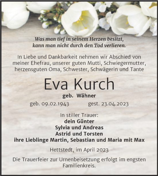 Traueranzeige von Eva Kurch von Trauerkombi Mansfelder Land