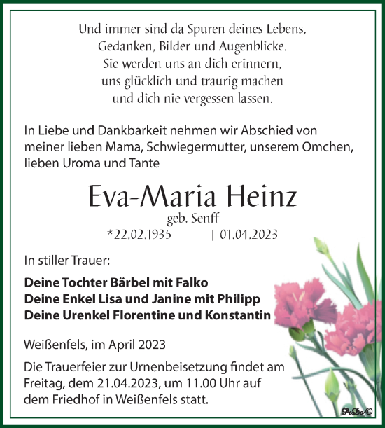 Traueranzeige von Eva-Maria Heinz von Trauerkombi Weißenfels