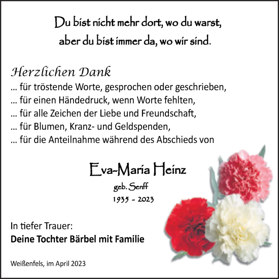 Traueranzeige von Eva-Maria Heinz von Trauerkombi Weißenfels