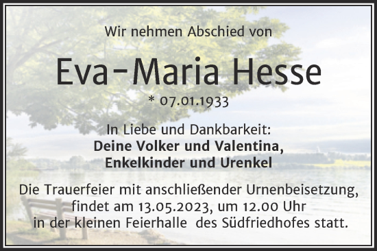 Traueranzeige von Eva-Maria Hesse von Mitteldeutsche Zeitung Halle/Saalkreis