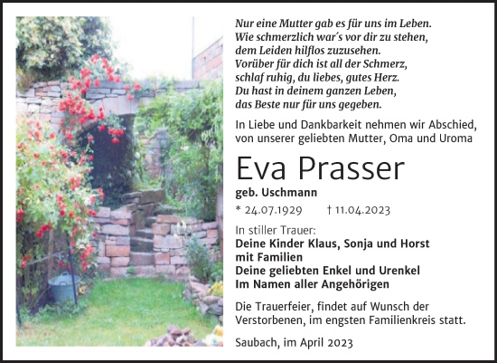 Traueranzeige von Eva Prasser von Wochenspiegel Naumburg/Nebra