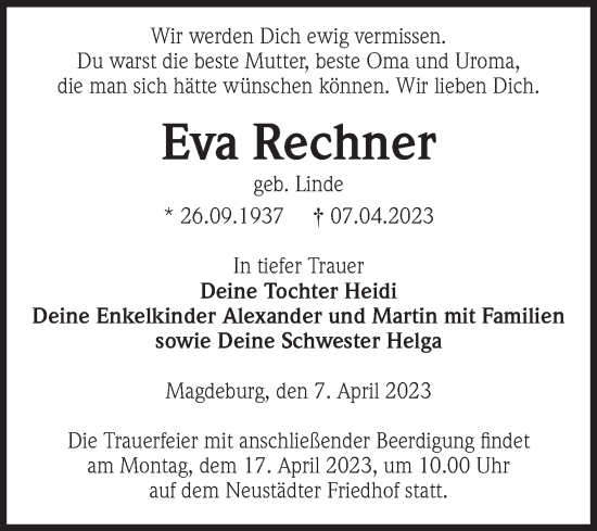 Traueranzeige von Eva Rechner von Volksstimme Magdeburg