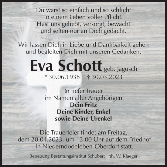 Traueranzeige von Eva Schott von Volksstimme Magdeburg