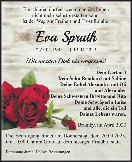 Traueranzeige von Eva Spruth von Volksstimme Schönebeck
