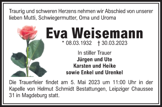 Traueranzeige von Eva Weisemann von Volksstimme Magdeburg