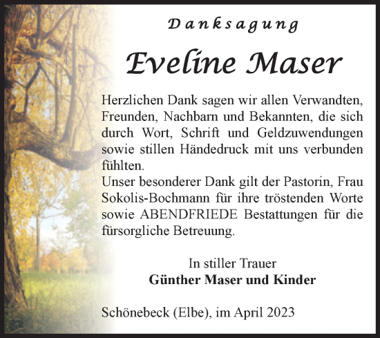 Traueranzeige von Eveline Maser von Volksstimme Schönebeck