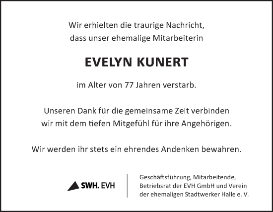 Traueranzeige von Evelyn Kunert von Mitteldeutsche Zeitung Halle/Saalkreis