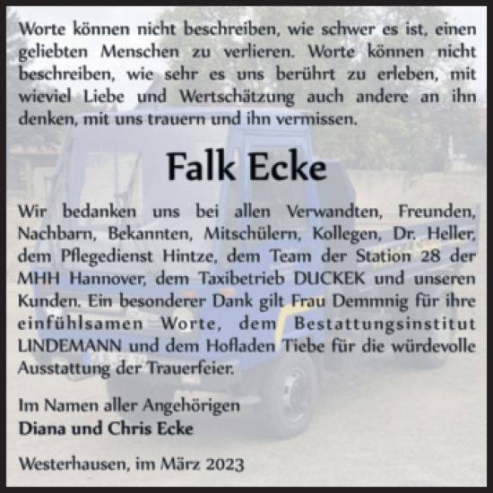 Traueranzeige von Falk Ecke von Trauerkombi Quedlinburg
