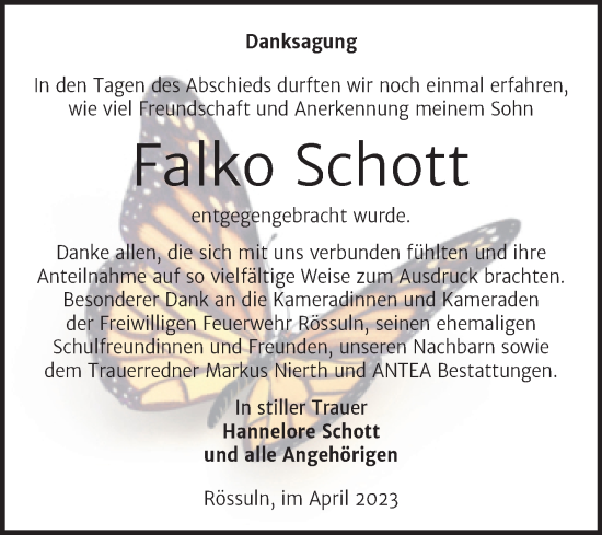 Traueranzeige von Falko Schott von Trauerkombi Weißenfels