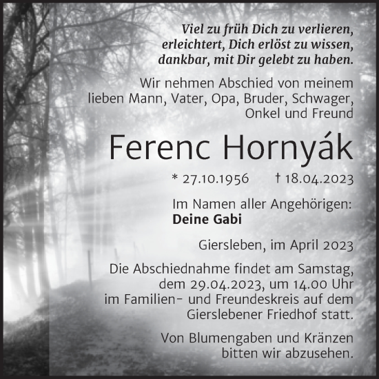 Traueranzeige von Ferenc Hornyak von Trauerkombi Aschersleben