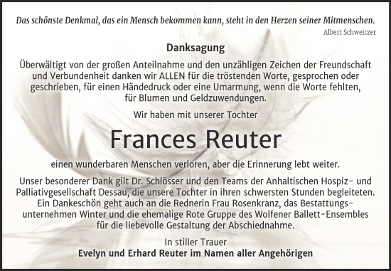 Traueranzeige von Frances Reuter von Trauerkombi Bitterfeld